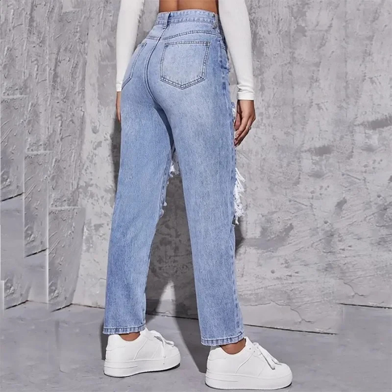 Hole High Waist Mom Jeans Flare Pants Denim Autumn Casual Long Streetwear Slim Fit Trousers Capris Baggy Jeans Women 240821