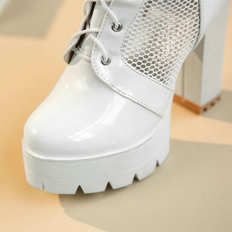 2021 PU Leather Knee Platform Square High Heel Women Summer Boots Fashion Mesh Women's Shoes Black White
