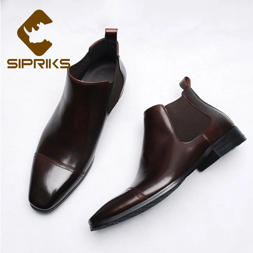 Sipriks mens Chelsea boots leather square mens denim dress boots hat sole dark brown European 44 church shoes 240821