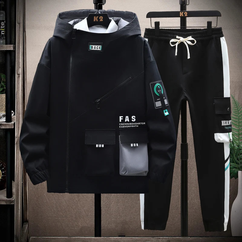 Autumn mens track and field clothes casual spring sportswear hooded patch work clothes jacket pants 2-piece set hip-hop running sportswear 240827