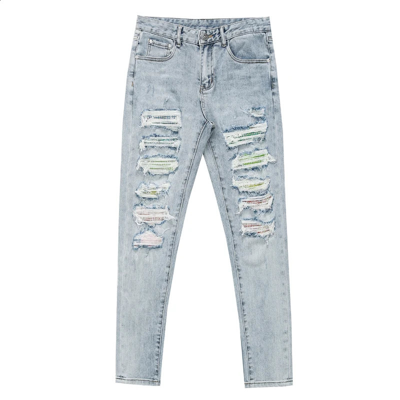 Trendy Versatile Ripped Pants Mens Jeans Fashion Street Korean Style Tight Stretch Soft and Comfortable Casual Pants 240821