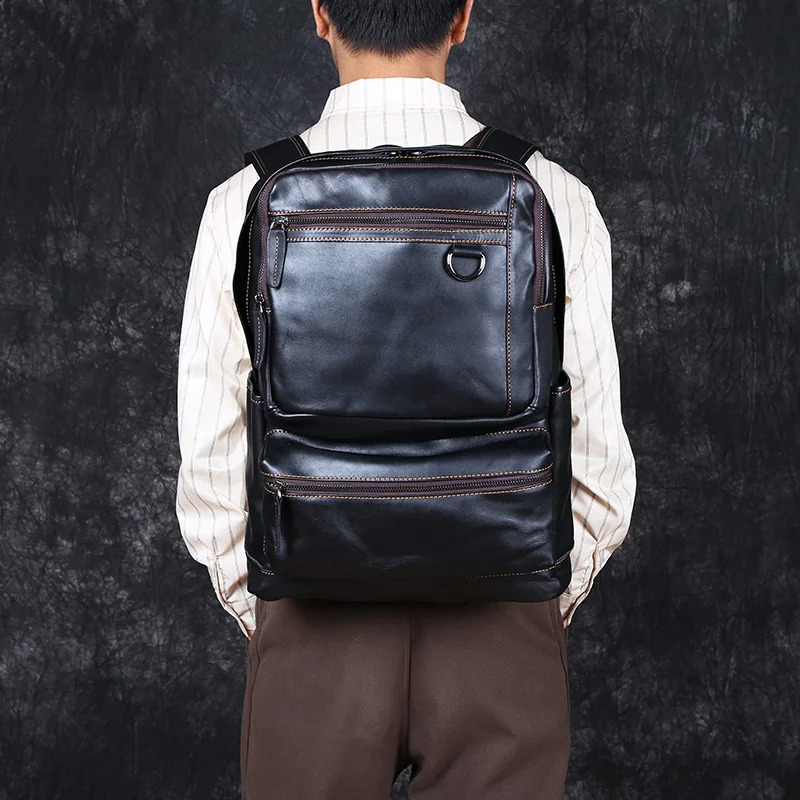 Mens leather backpack top layer denim large capacity travel bag casual school simple computer 240820