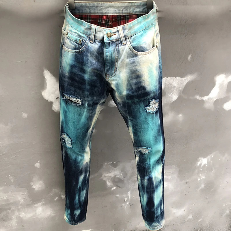 Skinny Broken Hole Painted Biker Jean Fashion Street Slim Fit Denim Motorcycle Pants Mens Jeans Men Punk Straight Jean 240821