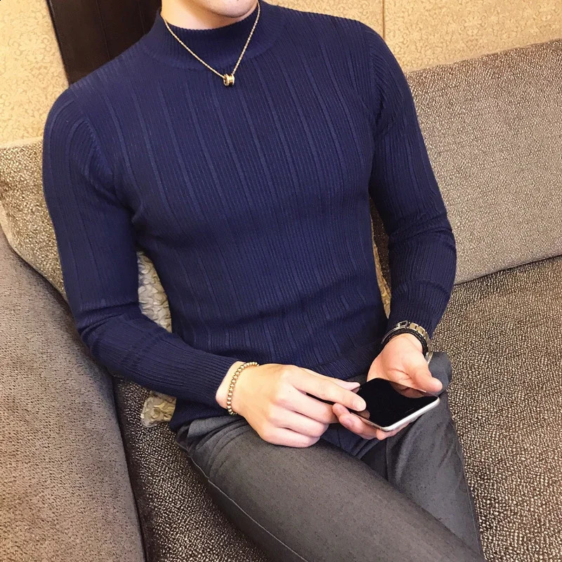 Mens Pullover Sweaters Korean Casual Striped Solid Sweater Men Half High Collar Stretch Tight Sweater Slim Fit Knit Tops 240821
