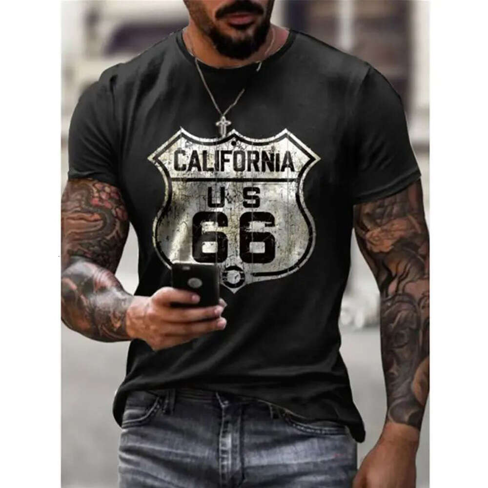 New 2024 men's retro T-shirt 3D printed American plus-size hip-hop personality 66 designed short-sleeved everyday casual clothin