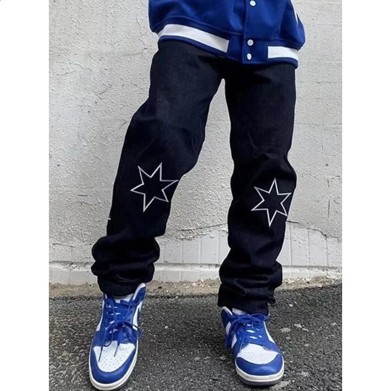 American retro black jeans personalized letter star print jeans for men and women Y2K casual straight leg loose jeans trousers 240821