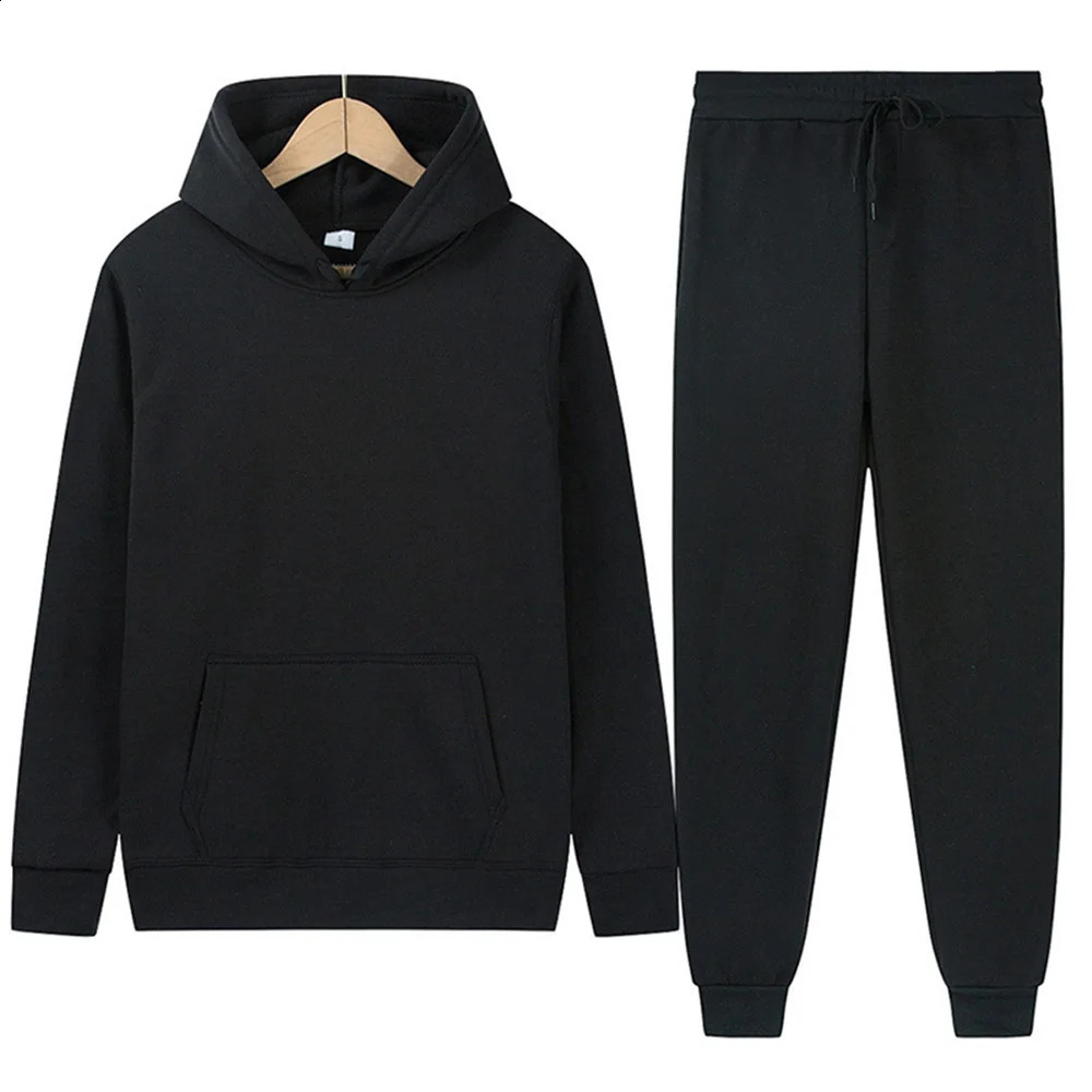 Autumn and winter men and womens minimalist solid color hoodiepants two-piece fashion casual sports set 240821