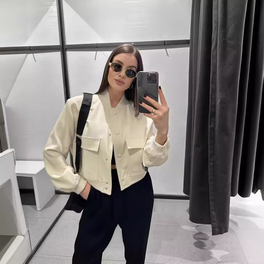 2024 Spring New Style Women's Big Pocket Stand up Collar Jacket for Women A19621