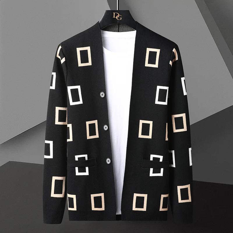Men Autumn Winter Cashmere Plaid Print Knitted Cardigan Fashion Handsome Long Sleeve Cardigan Jacket Soft Warm Male Sweater Coat 240821