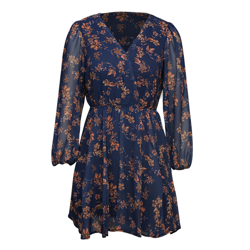 Elegant Chiffon Print Floral Dress for Women - Casual Spring & Autumn Fashion with V-Neck Design