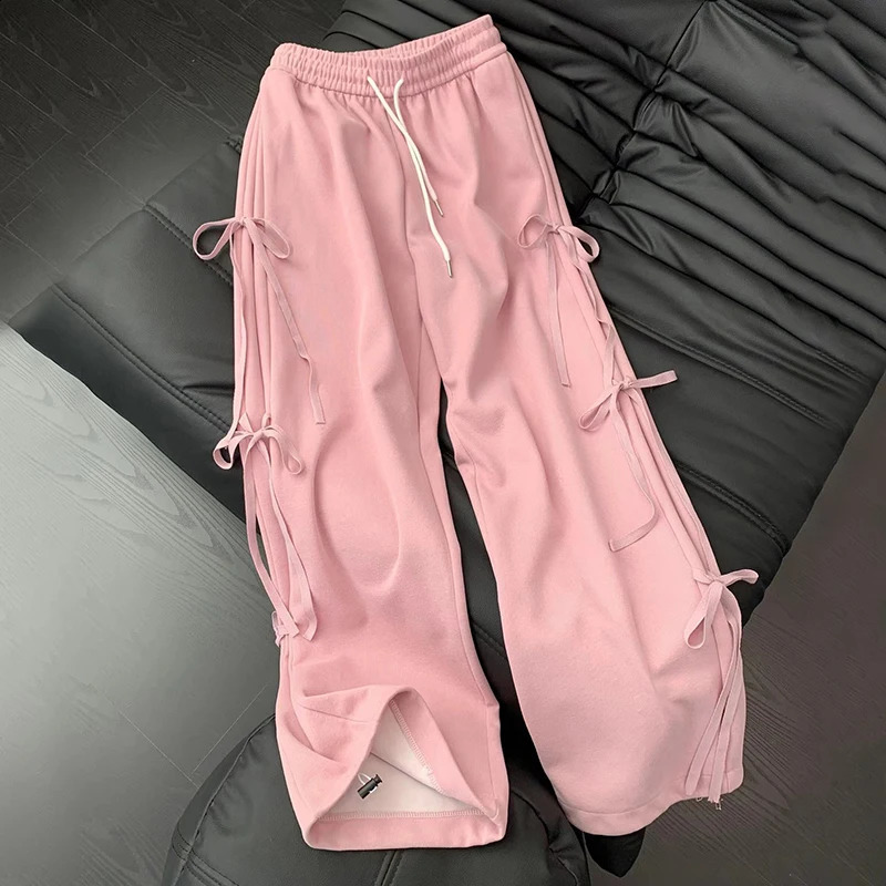 Retro Wide Leg Pants Woman Casual Lace Up Bow High Waist Loose Lounge Elastic Y2k Outfits 240821