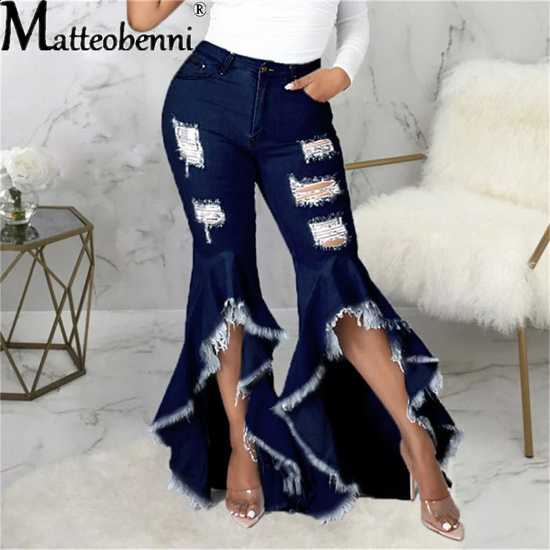 Sexy Ripped Jeans Fringe Hollow Out Ruffle Water Wash Flare Denim Pants High Waist Bodycon Hole Women Trousers Club Outfits 240821