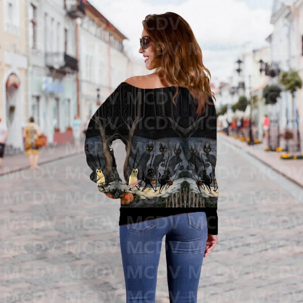 Womens off shoulder sweater Halloween cat 3D printed womens casual long sleeved 240821