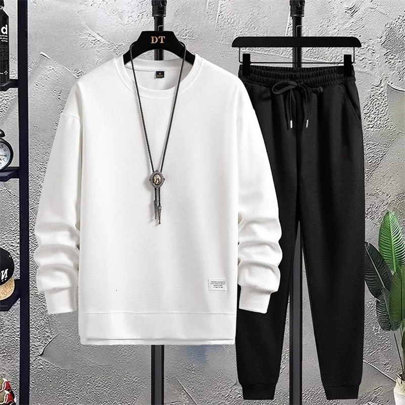Mens Waffle Long Sleeve Hoodies And Pants Two Piece Sets Mens Fashion Loose Tracksuit Clothes 240821