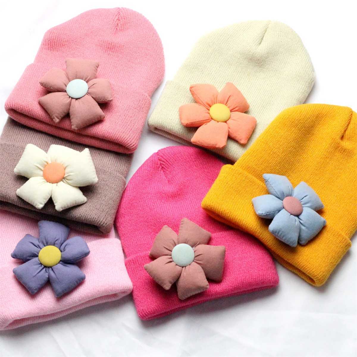 Knitted Beanie with Fabric Sun Flower Baby Girls Big Flower Winter Warm Bonnet Children Crochet Hat Cute Newborn Turban Hats M240821