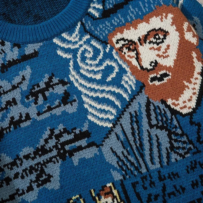 High Street Knitted Sweater Men Van Gogh Graffiti Print Sweaters Cotton Harajuku Loose Padded Pullover Women Streetwear Autumn 240821