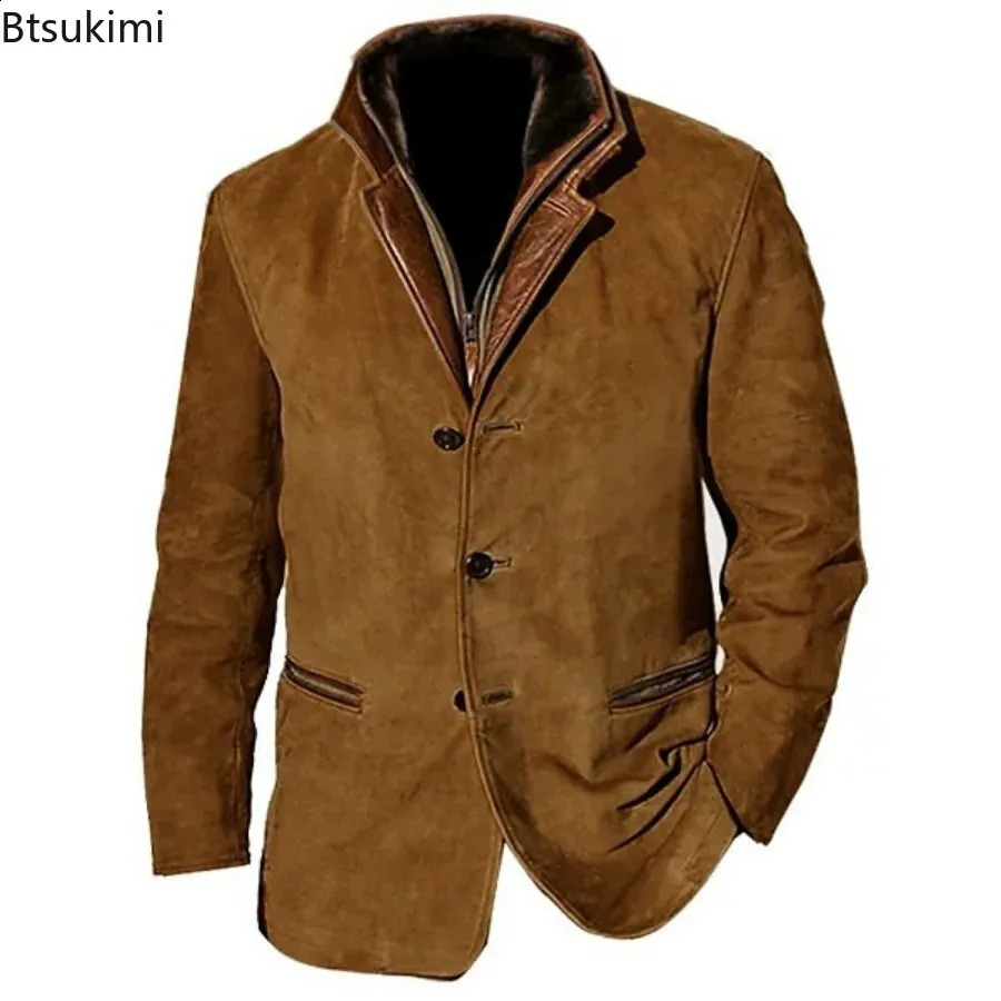 Vintage Men Blazer Jacket 2024 Fall Winter Male Casual Classic Buttonup Coat Fashion Slim England Style Lapel Outerwear 24