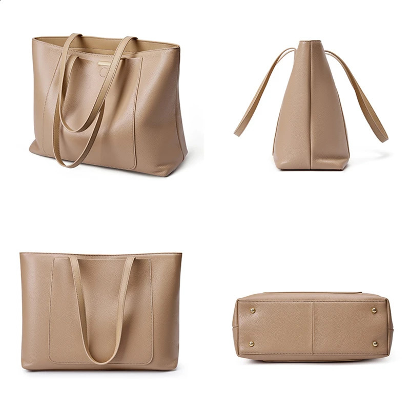 Toptrends 100% genuine leather shoulder bag for women trend ner laptop shopper handbag gray khaki 240820