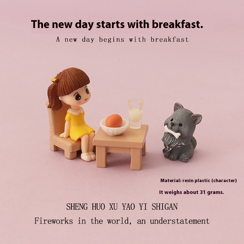 Cartoon Mini Cute Girl Eating Breakfast, Babyhouse Micro Landscape Scene Simulation Table and Chair, Dog Home Desktop Decoration