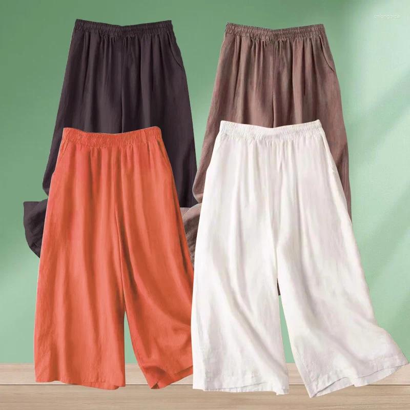 Women's Pants Summer Cotton Linen Wide Leg Cropped Women Calf Length Casual Female Solid Loose High Waist Straight Trouser