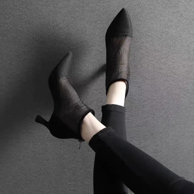 Short Shoes For Women Mesh Footwear Sandals Female Ankle Boots Sexy Pointed Toe Booties Trend On Offer Stylish Boot 240820