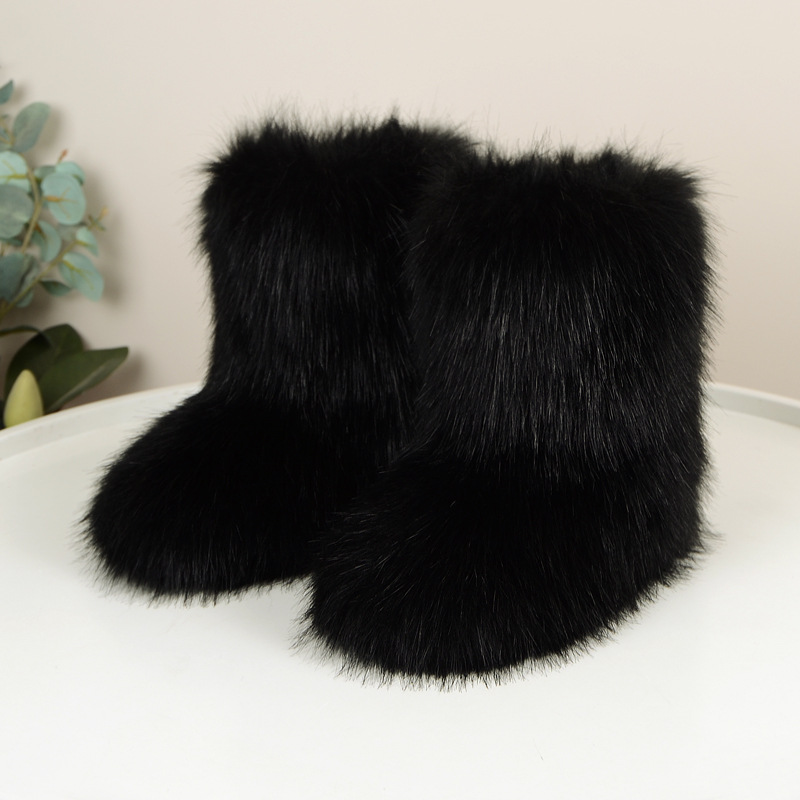 2024 new women's autumn and winter warm thick sole mid-calf hair Shibuya fashion lotus black white 36-44 snow boots free shipping fa93 59c