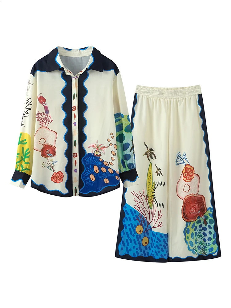 Print Wide Leg Pants Suits Women Vintage Long Puff Sleeve Lapel Shirt Elastic Waist Autumn Casual Streetwear Lady Two Piece Sets 240820