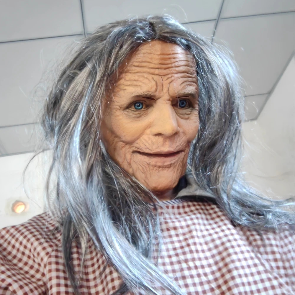 Halloween White-haired Old Lady Latex Mask Movable Jaw Rave Party Horror Granny Witch Mask Lifelike Granny Cosplay Costume Props 240830