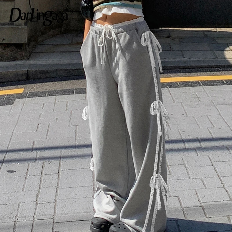 Darlingaga Casual Korean Fashion Autumn Sweatpants Women Lace Spliced TieUp Bow Straight Sweet Trousers Pants Prepyy Style 240821