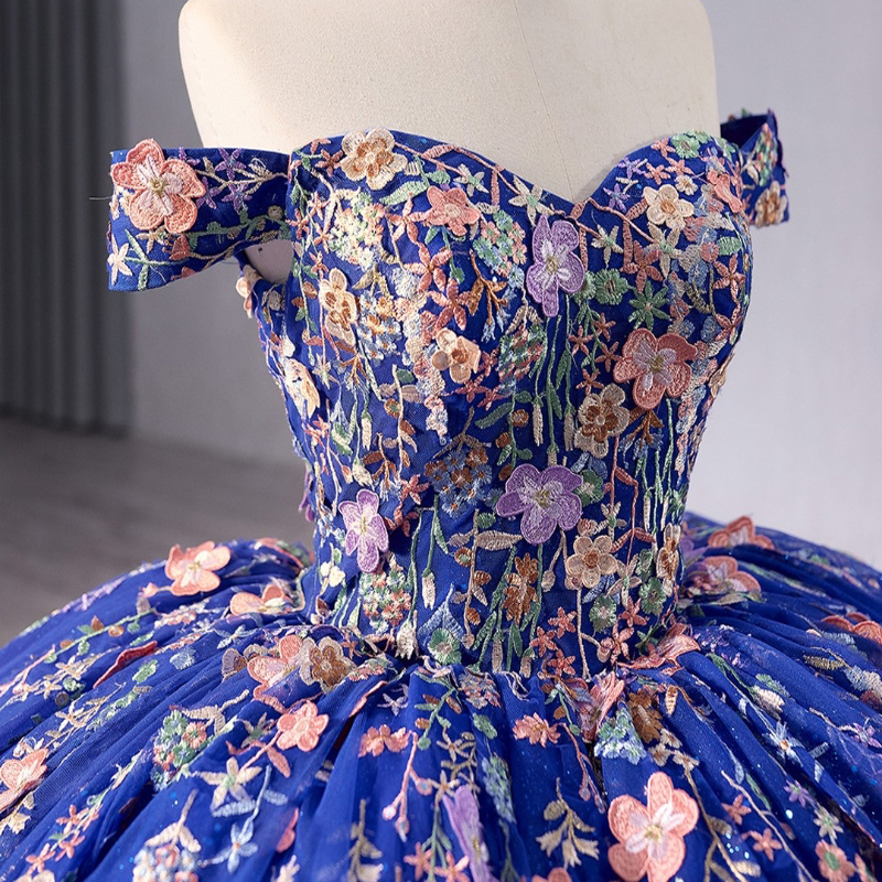 Royal Blue Shiny Quinceanera Dress Off The Shoulder Lace Applique Tull Birthday Party Sweet 16 Vestidos De 15 Anos
