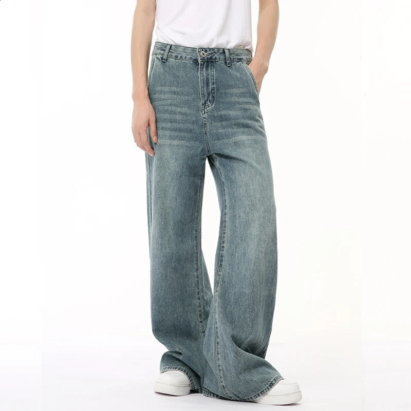 IEFB Korean Style Male Denim Pants Draping Straight Wide Leg Loose Washed Mens Casual Jeans Summer Trendy 9C6676 240821