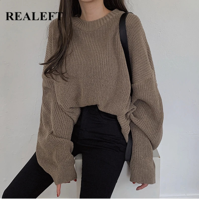 REALEFT Autumn Winter Oversized Womens Sweater Korean Elegant Solid Knitted Sweater Warm Female Pullovers Jumper 240820
