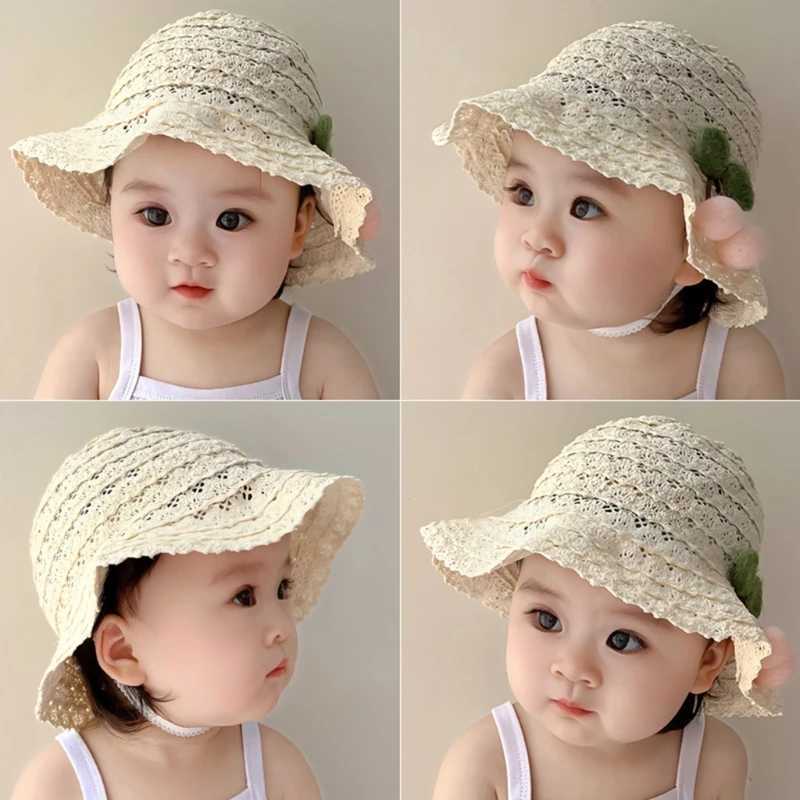 New Spring Summer Plush Cherry Baby Girls Sun Hat Adjustable Lace Hollow Out Baby Beach Bonnet Travel Outdoor Baby Bucket Cap M240821