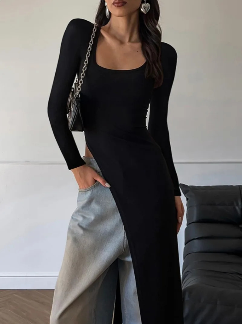 Woman Clothing Long Sleeve High Slit Black T-shirt Dress Y2K Streetwear 2024 Fall Ladies High Waist Slim Irregular Long Dresses 240821