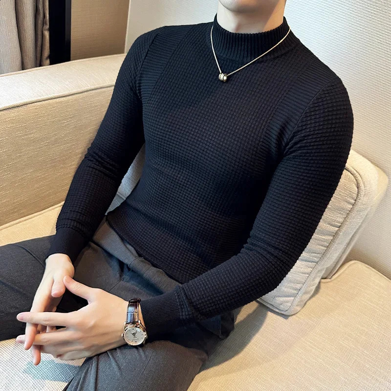 3 Color Men British Style Fall Winter Slim Dark Pattern Half High Neck Pure Color Knit Pullovers Mens Slim-fit Sweater Base 240821