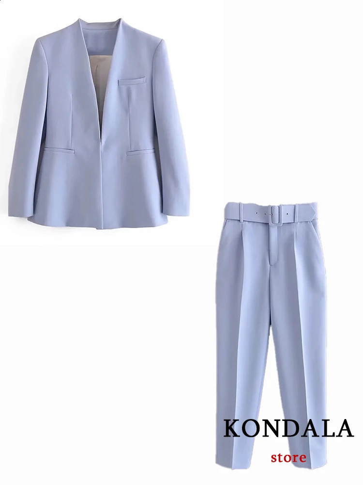 KONDALA Office Lady Light Blue Blazer Suits Women 2 Pieces V Neck Loose JacketsHigh Waist Sashes Pants Fashion Autumn Sets 240809