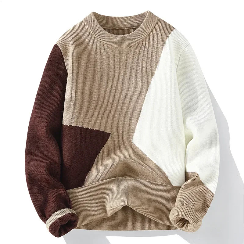 Autumn and Winter Fashion Mens Color Block Pullover Round Neck Sweater 240821