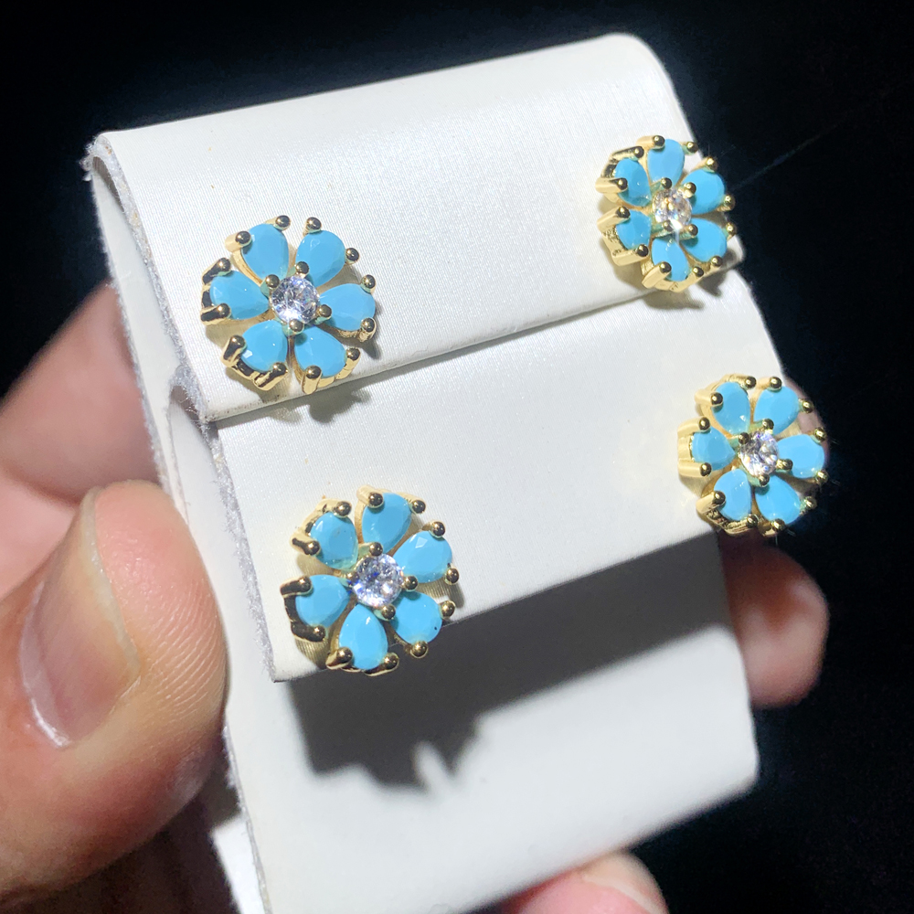 Minimal Delicate Flower Shaped Stud Earring Micro Pave Blue Turquoises White CZ Stone Fashion Women Multi Piercing Bling Jewelry