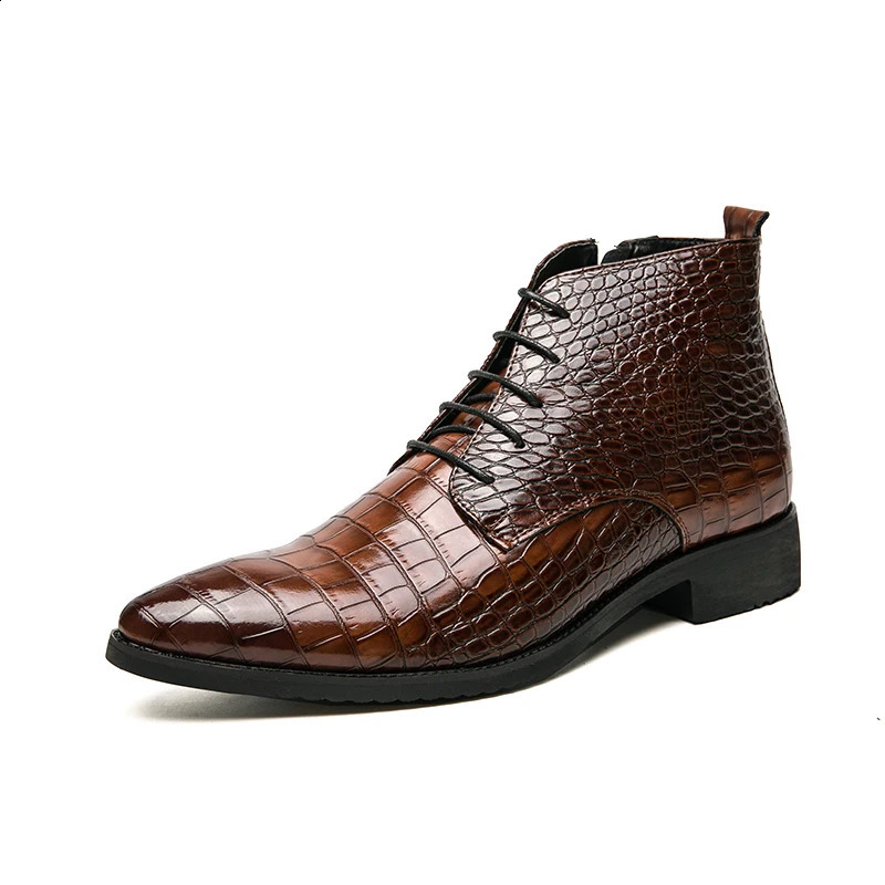 Spring Boots Chelsea Mens Leather Boots Lace Upper Ankle Boots Pointed Toe Low Heel Thick Bottom Business Boots Plus Size 38-48 240821