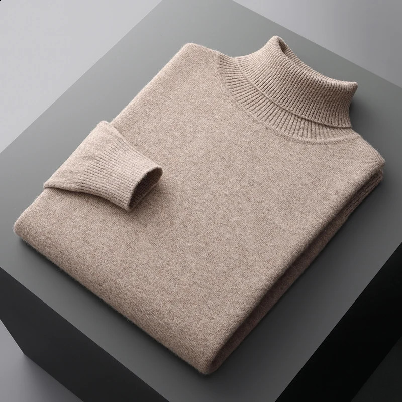 Autumn and winter 100% pure merino wool pullover mens turtleneck cashmere sweater thickened warm loose solid color top 240821
