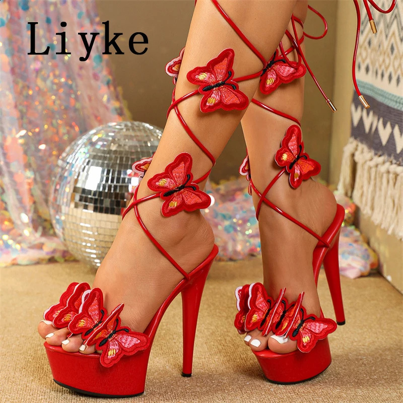 Liyke 2024 Pink Yellow Cross Strap Platform Sandals Women Handmade Embroidery Butterfly Open Toe Elegant High Heels Shoes 240819
