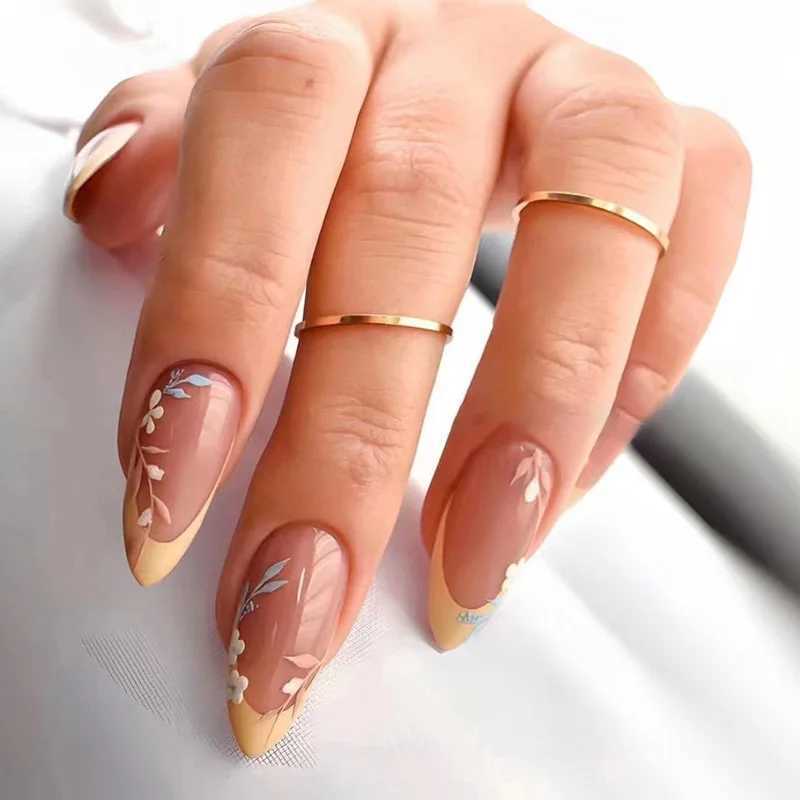 24Pcs Bright Yellow French Round Head False Nails Natural Leaf Design Fake Nails Long Almond Press on Nails Full Cover Nail TipsXJ241025