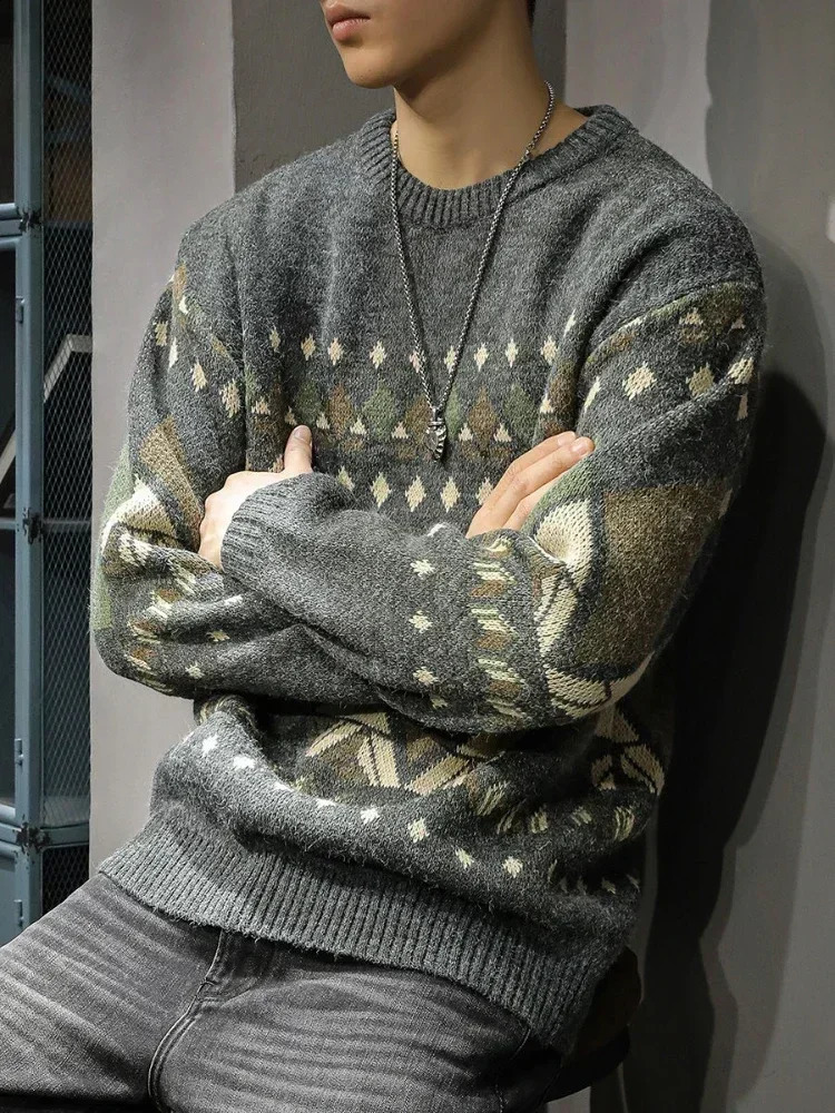 Knit Sweater Male Round Collar Mens Clothing Crewneck Argyle Jacket Coat Pullovers Graphic Aesthetic Meme Neck Order Classic A 240821