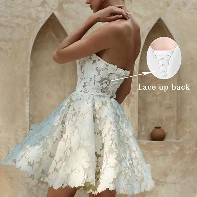 New Strapless Floral A-line Wedding Dresses Short Appliques Lace Knee Length Bridal Gowns Princess Brides Dress