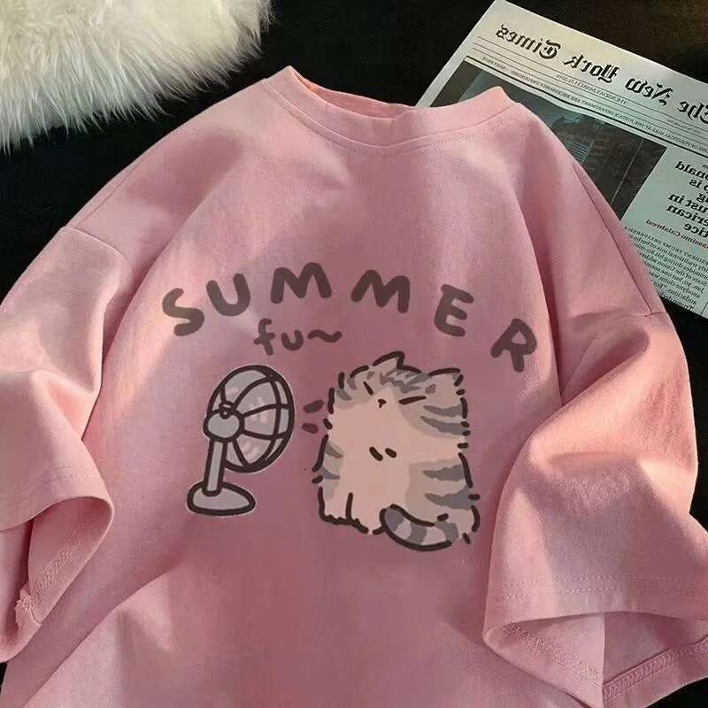 Cat Fan and Women Pure Cotton T-shirt for Men American Street Creative Blow Summer Relaxed Short Sleeve Couple Wear INS Top
