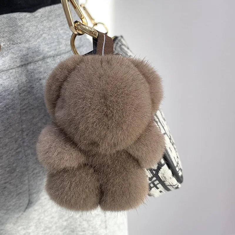 Womens bag charm Trinkett car metal keychain rearview mirror decoration cute real mink plush panda pendant childrens toy 240820