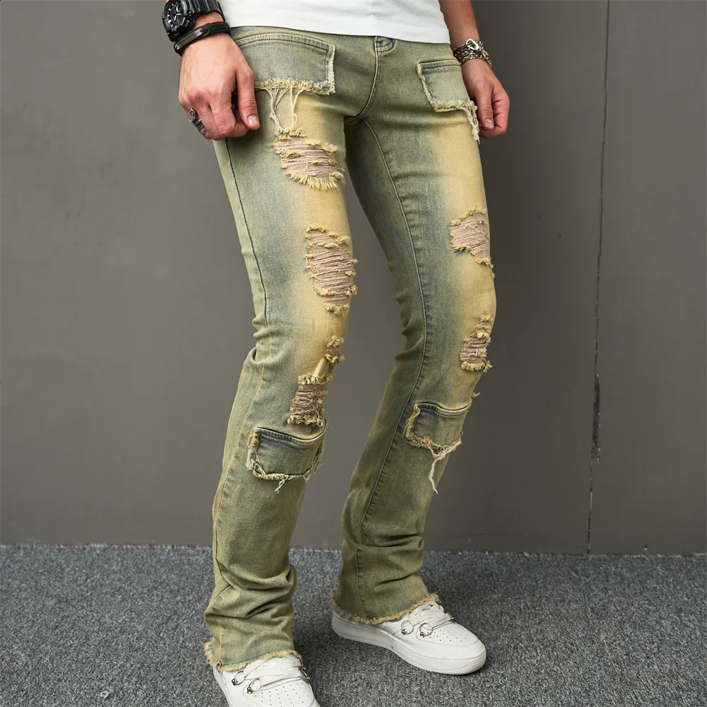 Vintage Style Men Streetwear Holes Spliced Slim Jeans Trousers Hip hop Stylish Distressed Stretch Denim Pants For Male 240821