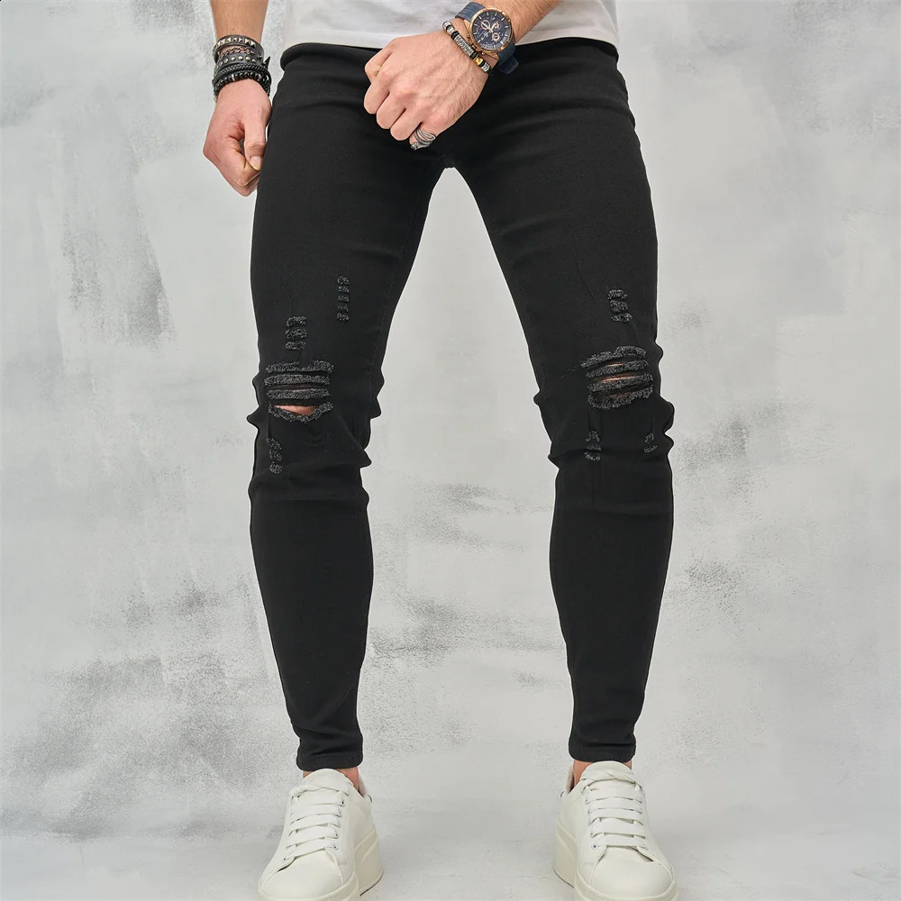 Men High Street Ripped Hip Hop Stylish Skinny Jeans Male Trousers High Quality Holes Casual Cotton Pencil Denim Pants 240821