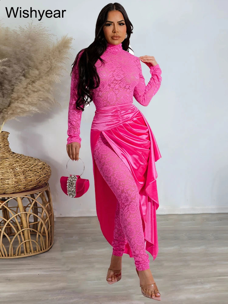 Elegant Lace Long Sleeve Jumpsuit with Skirt Wrapped Hip 2 Two Piece Set Women Spring Sexy Night Club Outfits Birthday Rompers 240820