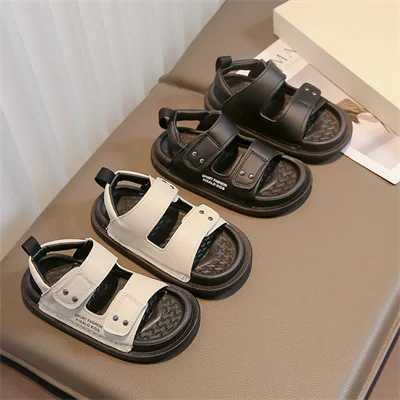 Childrens non slip soft sole black/beige leather sandals boys and girls 2024 summer new PU beach shoes size 26-36 W240821